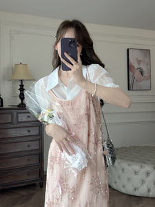 张涩涩ZSS 2024夏季新品 浅粉色高级感重工亮片吊带连衣裙