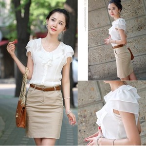 夏季新款韩版短袖雪纺白色衬衫女大码修身时尚女衬衣女打底小清新
