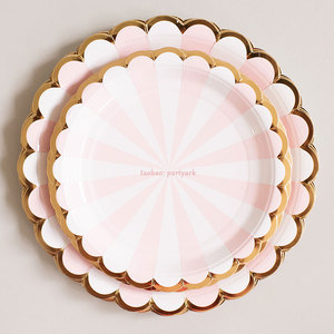 ins一次性派对餐具烫金花边粉色条纹纸盘野餐聚会蛋糕水果零食碟