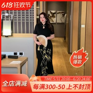 GLEC大码女装2024夏季新中式国风高级感刺绣黑色改良版旗袍连衣裙