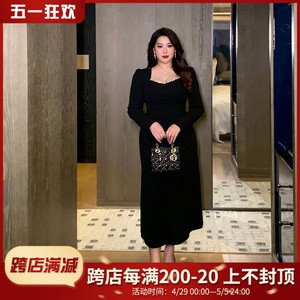 GLEC大码女装2024新款春款法式复古赫本风方领重工钉珠黑色连衣裙
