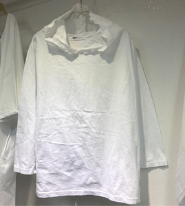 韩国进口现货Ricco白色舒适亲肤水洗棉长袖宽松T恤蕾丝连帽打底衫