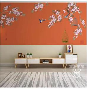 新中式手绘花鸟刺绣沙发影视墙纸壁画电视背景墙壁纸卧室无缝墙布