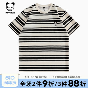 hipanda你好熊猫潮牌黑白条纹短袖T恤男2024夏季新款情侣宽松体恤