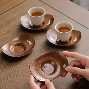 好茗天手工鎏银元宝紫铜茶杯垫家用隔热茶杯托茶道茶垫功夫茶配件