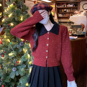 圣诞红色亮闪闪毛衣女秋冬设计感针织开衫小香风短款外套新年上衣