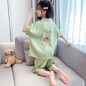 夏季短袖女童薄款儿童家居服小女孩睡衣冰丝中大童绿色开衫套装