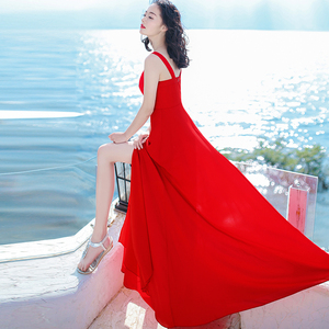 高个子红色连衣裙带胸垫礼服气质长裙修身开叉吊带雪纺大摆沙滩裙