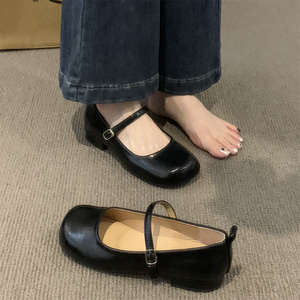 黑色玛丽珍鞋女鞋子2024年秋冬新款浅口粗跟法式配裙子气质单鞋