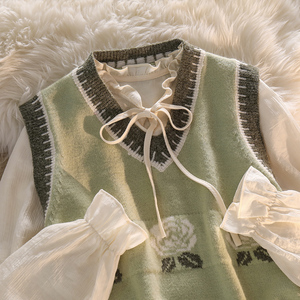 【两件套装】抹茶绿提花针织V领马甲女系带雪纺衫叠穿针织背心女