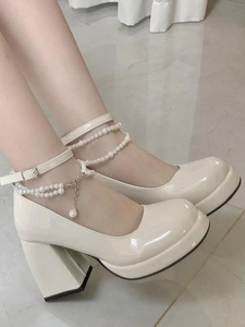 名典法式珍珠玛丽珍鞋女2023新款夏季小皮鞋温柔风高跟单鞋珍珠