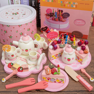 出口欧美白色茶具套装木制玩具草莓下午茶儿童过家家茶壶茶具组