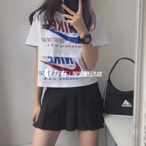 Nike耐克夏季女子印花双钩logo拼接运动短袖T恤CJ2041/DB3849-100