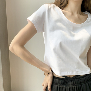 夏季新款纯棉短袖T恤女短款白色打底衫小众修身露脐上衣潮宽松