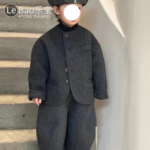 韩版童装儿童冬装套装宝宝洋气百搭灰色毛呢外套男童休闲裤两件套