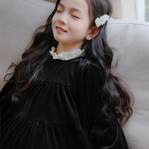 儿童连衣裙亲子装中大童裙子黑色丝绒长袖秋装女童法式宫廷风长裙