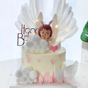 女宝贝卡通蛋糕装饰布置插牌羽毛带灯天使翅膀生日快乐烘焙插旗件