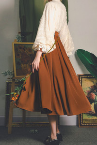 原创设计《焦糖拿铁》法式复古赫本高腰系带大摆长裙女半身裙衬衫