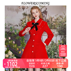 花儿开了2023冬季新款单排扣红色复古公主毛呢外套女高腰显瘦大衣