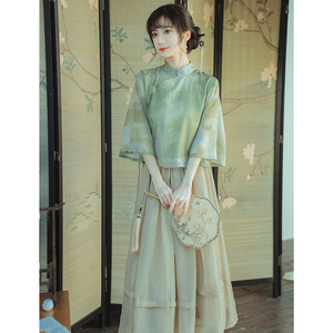 新中式国风复古套装清冷禅意女装仙气茶服女小个子改良旗袍两件套