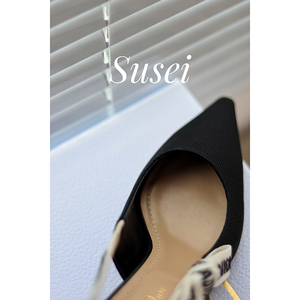【susei】高定版 2022夏新猫跟蝴蝶结一字绑带中跟浅口尖头凉鞋女