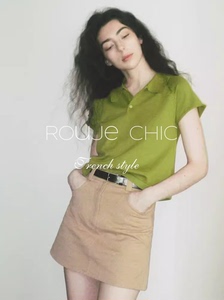 rouje chic法式牛油果绿色Polo领短袖冰丝针织衫T恤女夏小众上衣