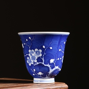锦玉清韵王琳窑青花堆雕冰梅铃铛杯茶杯个人品茗杯功夫陶瓷茶具