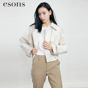 esons/爱城市通勤翻领直筒拼接短款立折领风衣外套