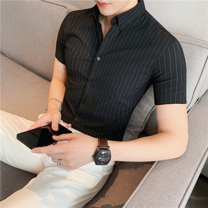 夏季薄款男时尚条纹短袖衬衫轻商务衬衣弹力修身衬衫C1807-P60