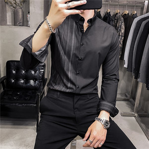 常年做 个性半边条纹长袖衬衫男韩版修身时尚衬衣黑色CS22/P65