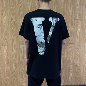 OW WHITE VLONE 经典大V字母Logo美元印花圆领短袖T恤 情侣款tee