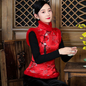 过年红色旗袍小袄复古唐装棉服背心马甲冬季汉服中国风女装小棉袄