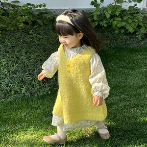 韩国童装女童毛衣背心裙2024春季新款儿童洋气时尚黄色针织连衣裙