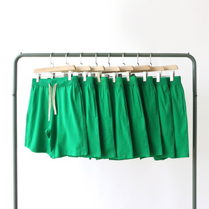 夏季中腰纯色纯棉无弹毛圈五分翠绿绿色卫裤短裤男 女bf风宽松