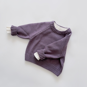 日系秋冬男女儿童宝宝紫色纯棉线小粗针织圆领插肩袖厚实套头毛衣