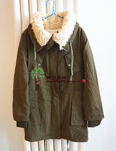 外贸 日本原单 军绿色毛领羊绒内胆桃皮面料个性大口袋时尚大衣