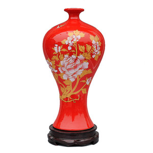 景德镇陶瓷器中国红牡丹花美人瓶梅瓶花瓶新房装饰家居工艺品摆件