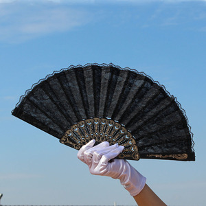 复古中国风双层蕾丝布黑白扇子便携古风拍照道具旗袍摆拍女士折扇