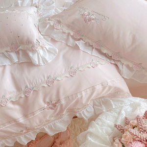 公主风浪漫玫瑰100支长绒棉纯棉四件套全棉床单刺绣少女床上用品