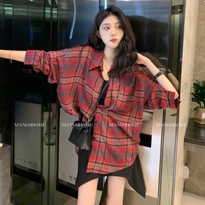 韩版优雅慵懒气质女装翻领落肩长袖宽松单排扣红色格子防晒衣衬衫