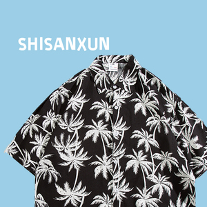 SHISANXUN夏威夷椰树满印短袖衬衫男女宽松潮牌海边沙滩风花衬衣