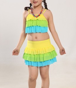 彩虹裙子 韩国小孩 可爱宝贝荷叶边 儿童比基尼泳衣两件套 蛋糕裙