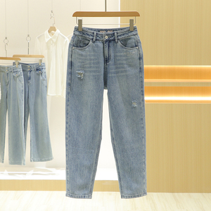 【秋水】韩版时尚破洞设计感直筒显瘦牛仔裤24夏新款品牌撤柜女装