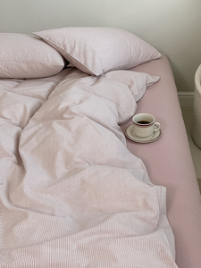 NINETEEN灰粉色纯棉简约四件套全棉水洗棉细条纹被套床单床上用品