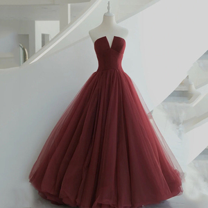 酒红色轻纱礼服2022新款韩版简约抹胸气质年会长裙新娘结婚晚礼服