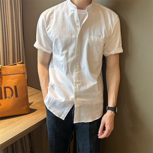 NR先生韩版短袖新中式立领纯色衬衣夏季休闲亚麻透气中山领男衬衫