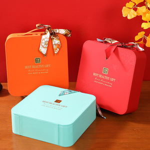 新款高档手提皮盒丝巾礼盒八角圆形内盒橙色蓝色红色燕窝包装盒