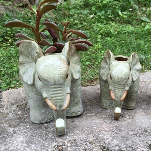 复古非洲风情做旧亲子大象多肉浅绿陶瓷动物花器花盆庭院花园饰品