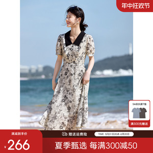 XWI/欣未法式复古衬衫领连衣裙女夏季优雅气质修身显瘦减龄碎花裙