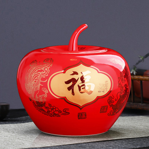 景德镇陶瓷器中国红苹果储物罐子花瓶中式客厅装饰品摆件结婚礼物